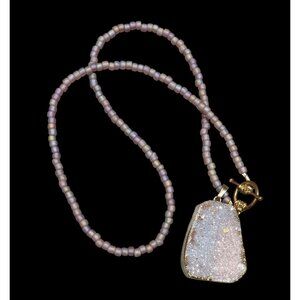 Whimsical Fairycore Purple Druzy And Frosted Glass Beaded Necklace